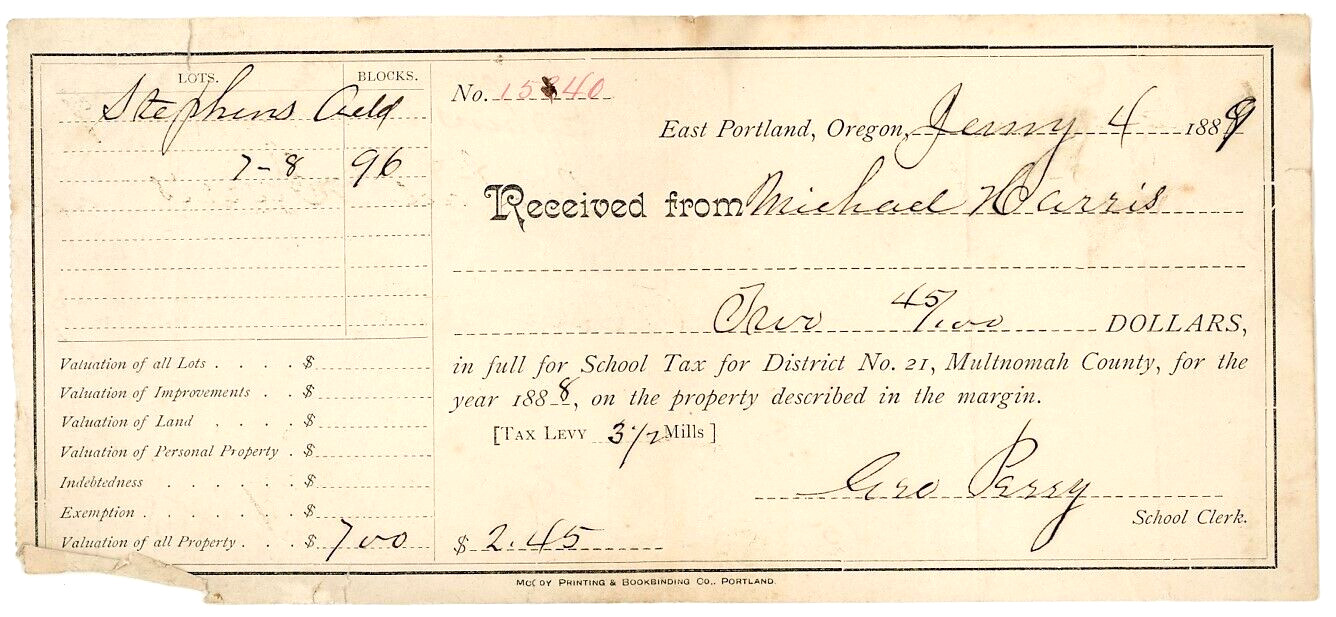 Stephens Addition East Portland Oregon orig 1889 Tax Receipt