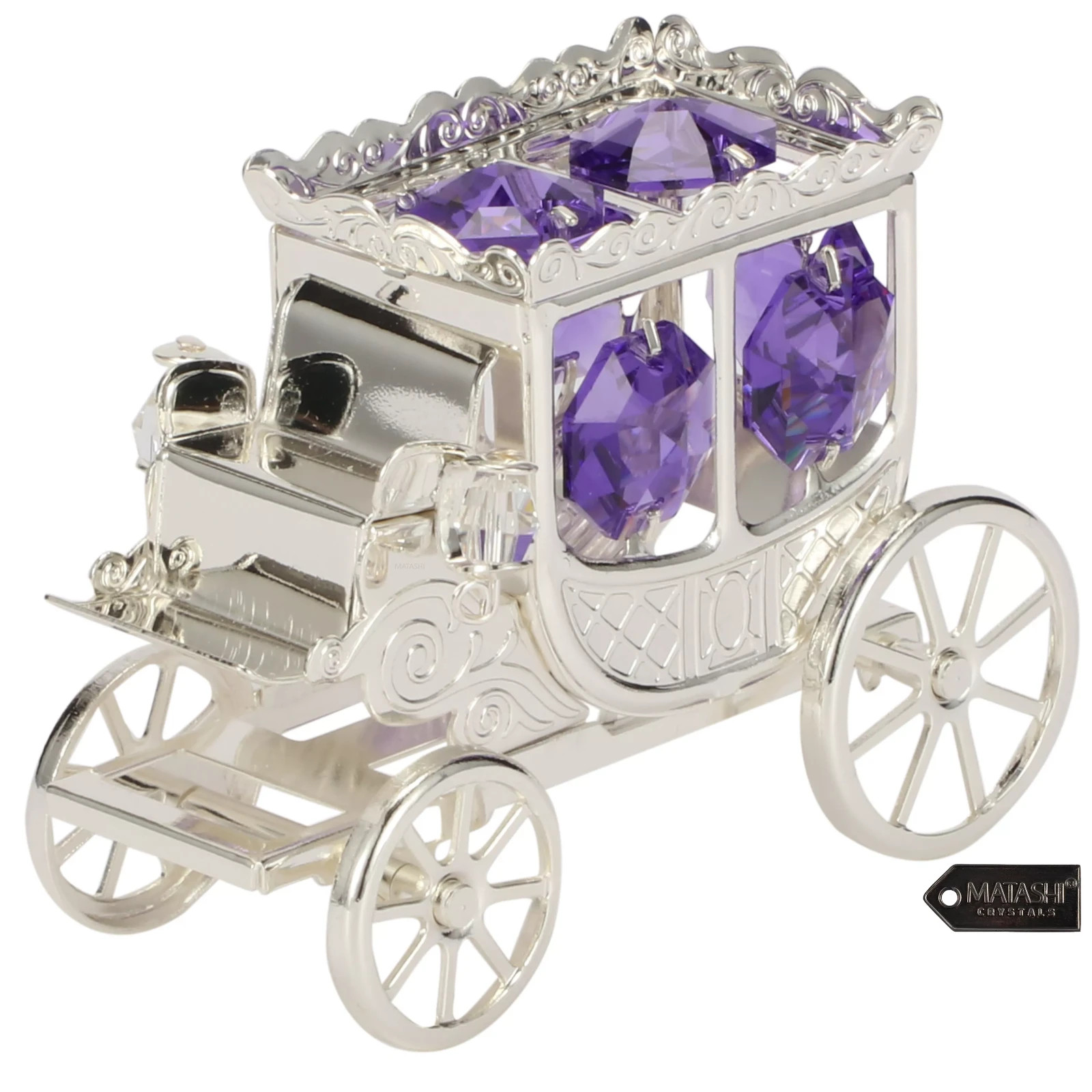 Matashi Silver Plated Princess Carriage Ornament w/ Purple & Clear Crystals