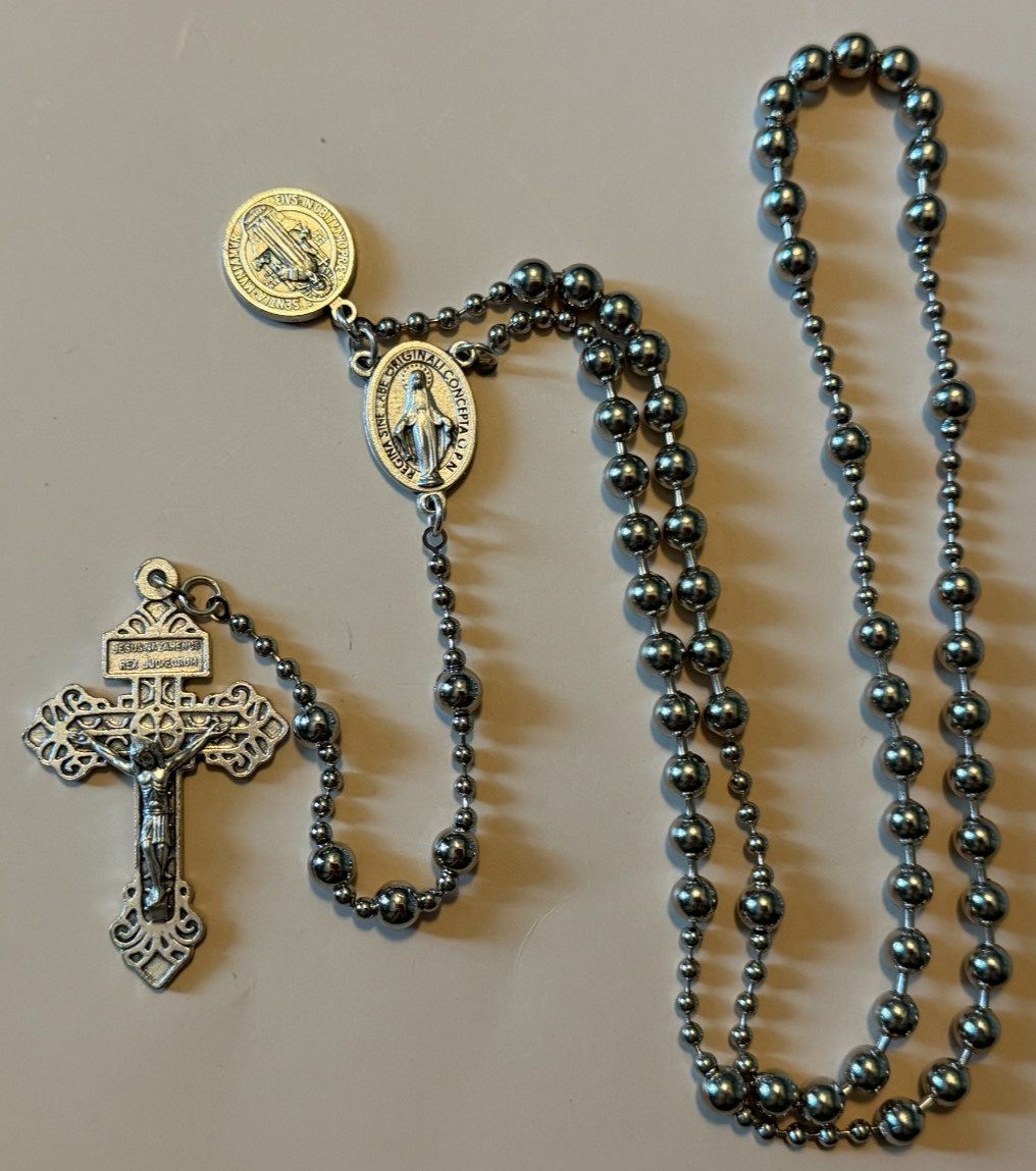 CATHOLIC SOLDIERS SILVER METAL PULL CHAIN ROSARY W/ PARDON CRUCIFIX 