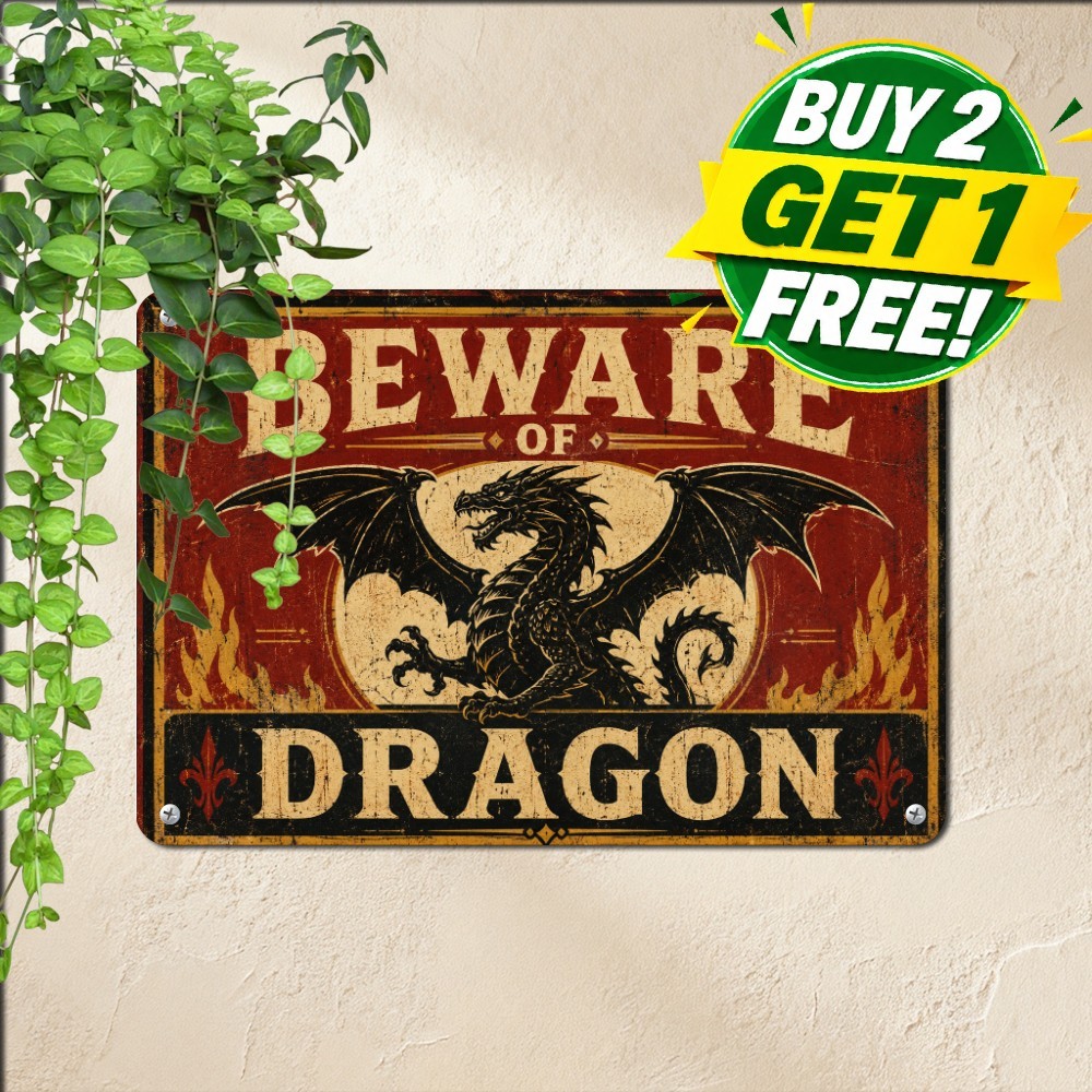 Mythical Dragon Warning Metal Sign Fantasy Cave Castle Wall Tin Plaque