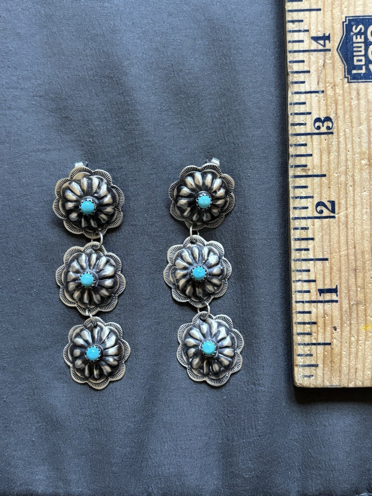 Vintage Sterling Silver Old Navajo Handmade Turquoise Concho Earrings