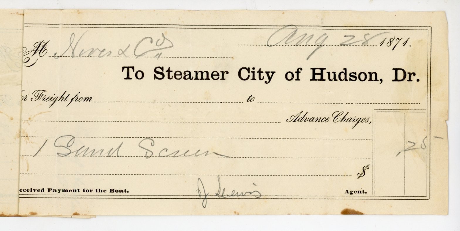 2 1871 Steamer City of Hudson Freight Receipt Hudson to Albany Castings