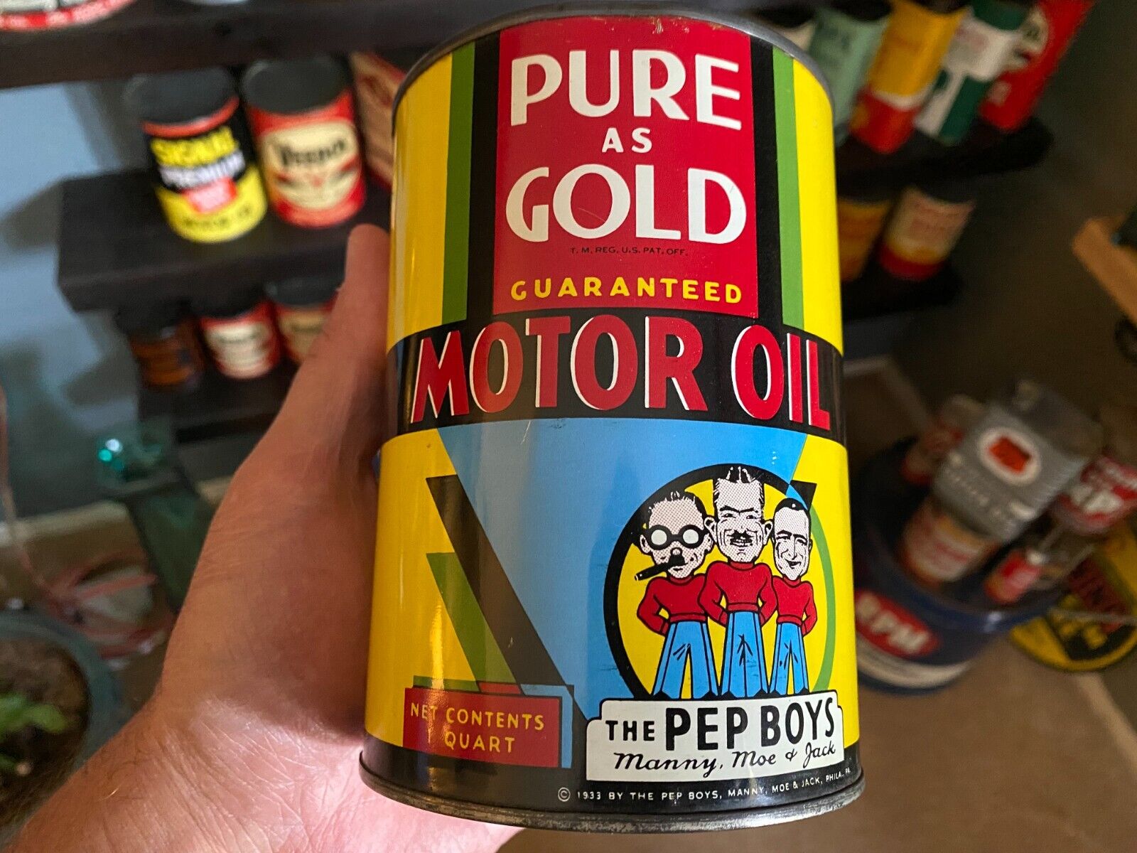 VINTAGE 1933 FULL NOS PEP BOYS PURE AS GOLD 1 QUART MOTOR OIL CAN- PA NICE MINTY