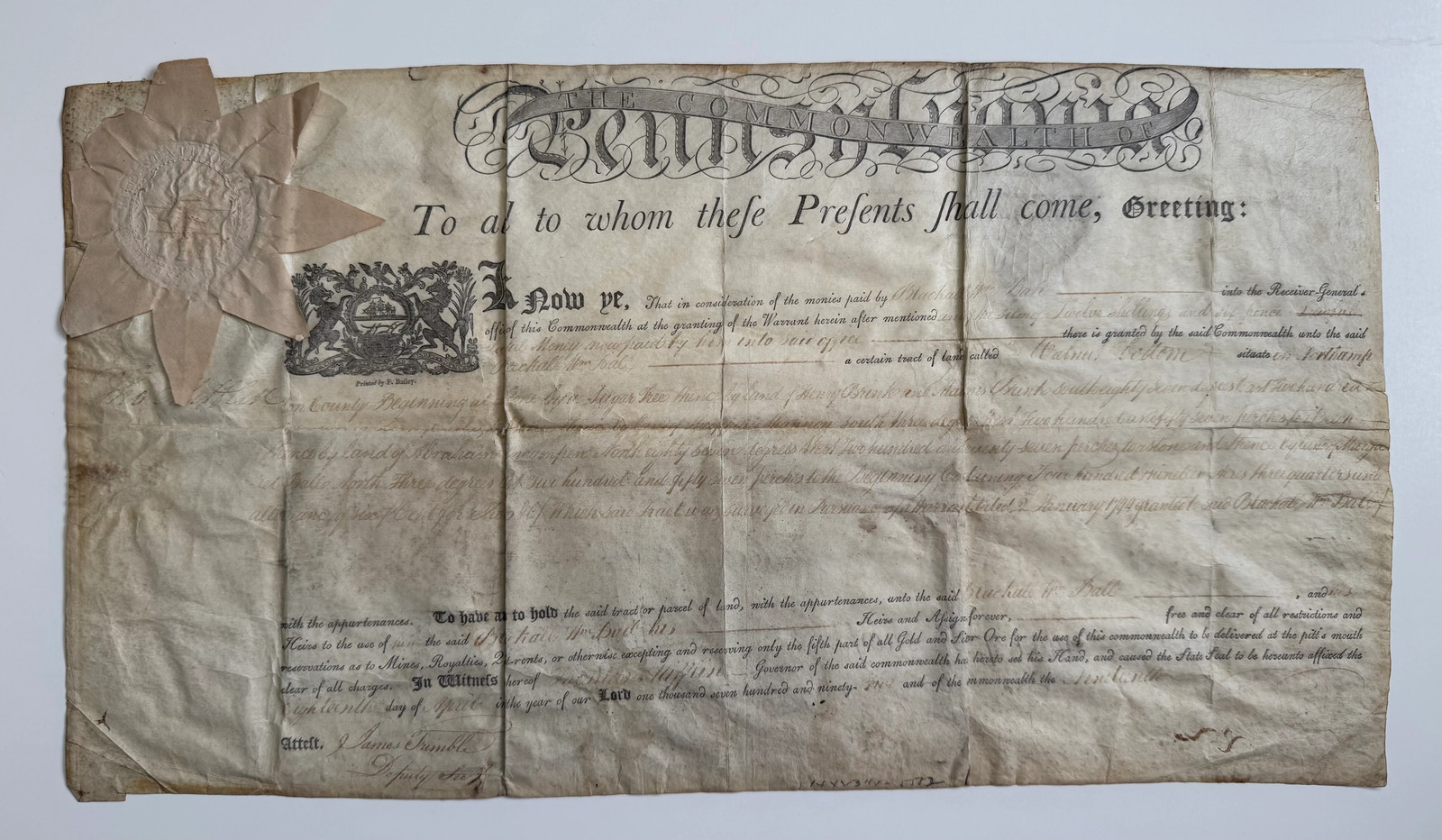 THOMAS MIFFLIN—SIGNER OF THE U.S. CONSTITUTION—1795 PENNSYLVANIA LAND PATENT