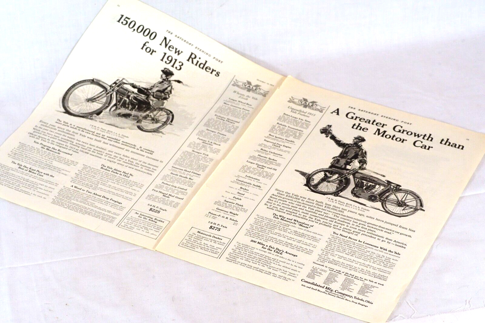 1913 Yale Toledo Motorcycle 1912 DUAL PAGE Consolidated Mfg Co Advertisement