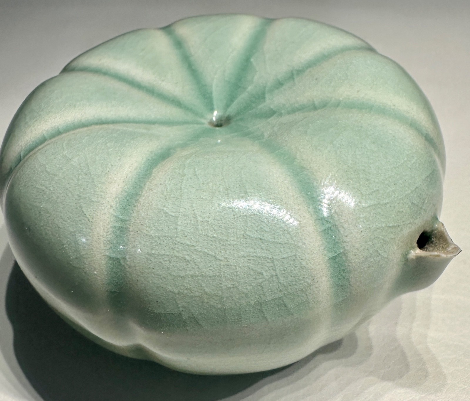 Fine Antique Chinese Korean Signed? Celadon Porcelain Water Dropper Melon Form