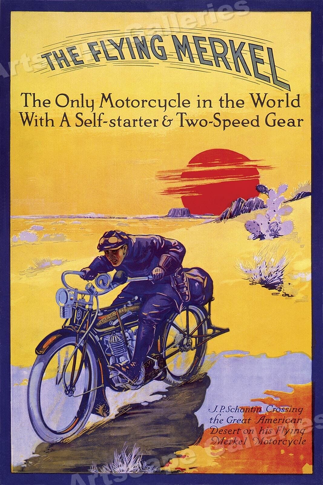 1913 The Flying Merkel Motorcycle Touring Poster Crossing American Desert 16x24