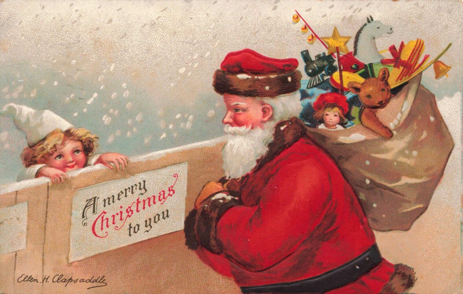 Christmas Santa Claus Bag of Toys & Child by Ellen Clapsaddle Vintage Postcard
