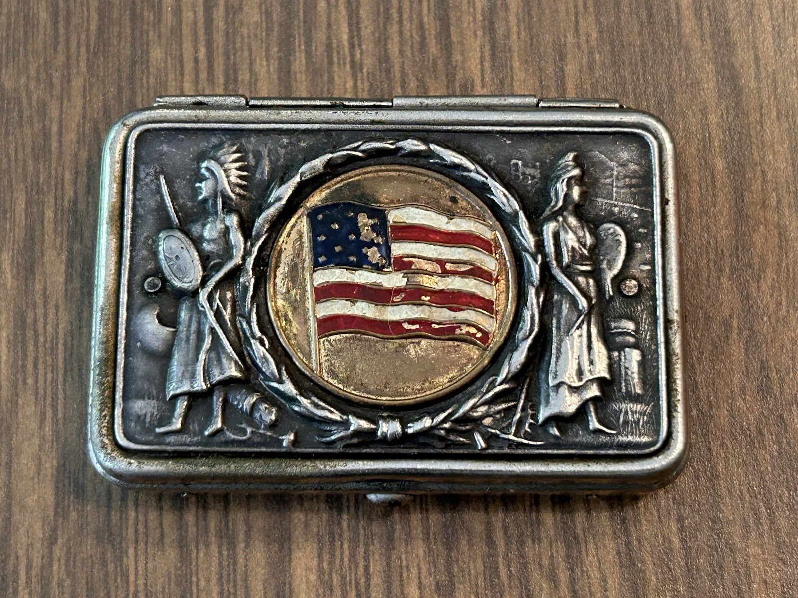 Vintage Antique Match Safe Enamel American Flag & Chicago Advertising