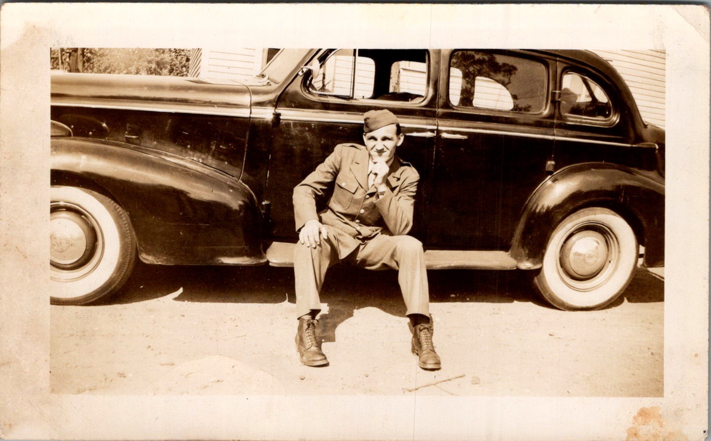 WWII US Soldier Sitting on 1940s Sedan Photograph Homefront GI Portrait