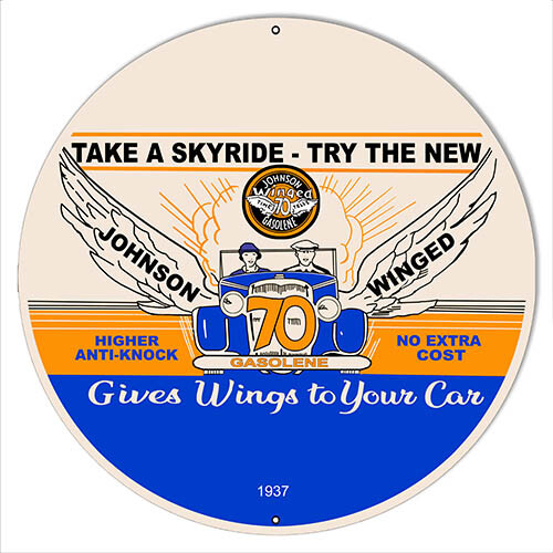 Johnson Winged 70 Gasolene Metal Sign