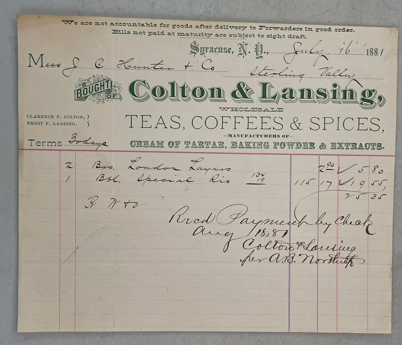 Antique 1881 Syracuse NY Colton & Lansing Tea Coffee Spices Billhead Receipt