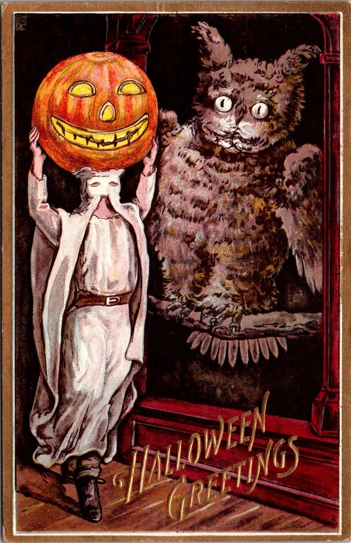 Antique Halloween Postcard Florence Bamberger Hood Cloak JOL Scared Owl c1910s Antique Halloween Postcard Florence Bamberger Hood Cloak JOL Scared Owl c1910s