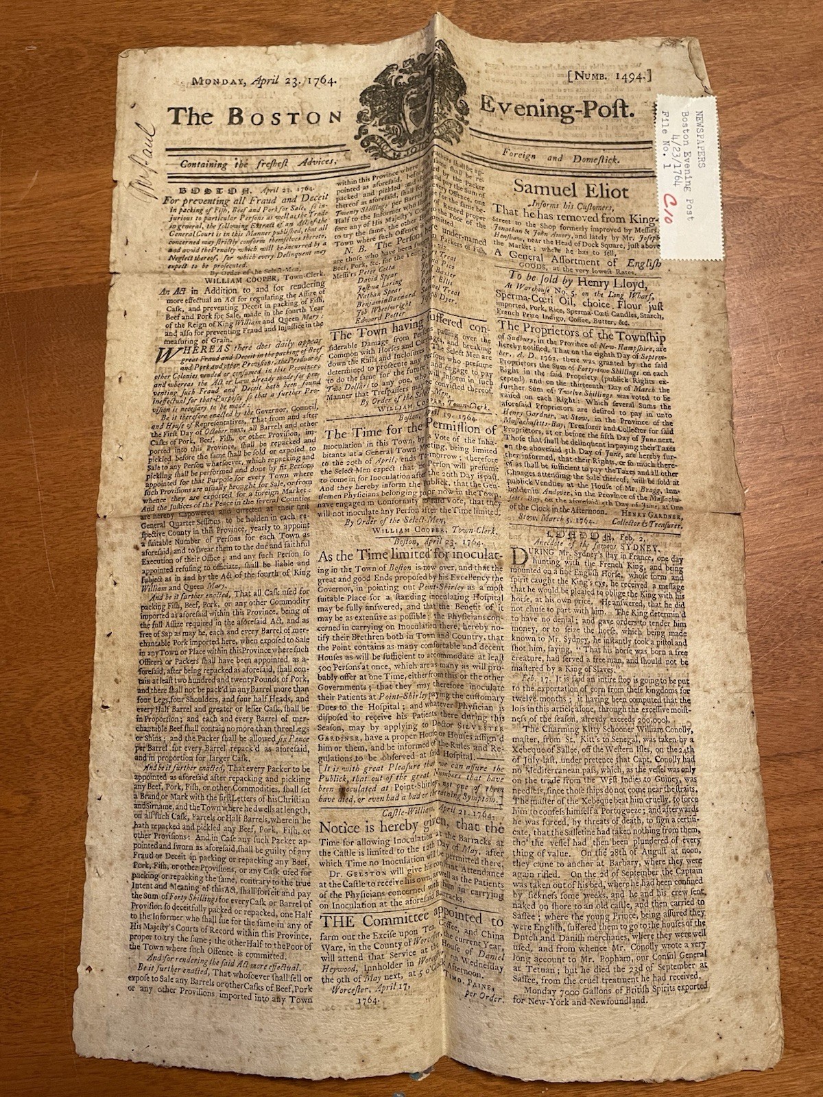 1764 newspaper The Boston Evening Post.