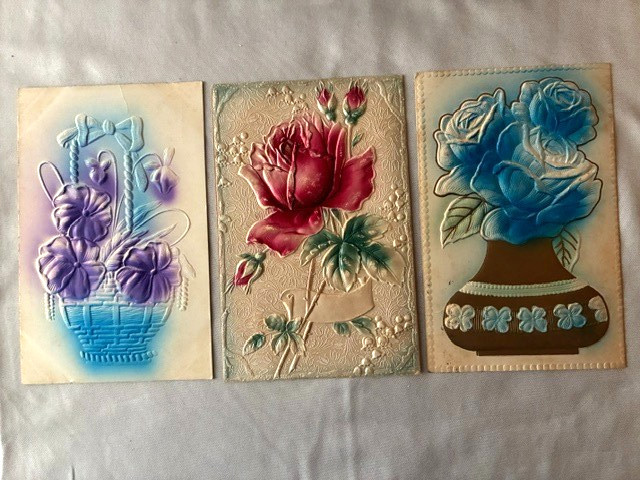 Set of 3 Airbrushed, Embossed Postcards - Flowers, Roses c1910-1913 (D9)