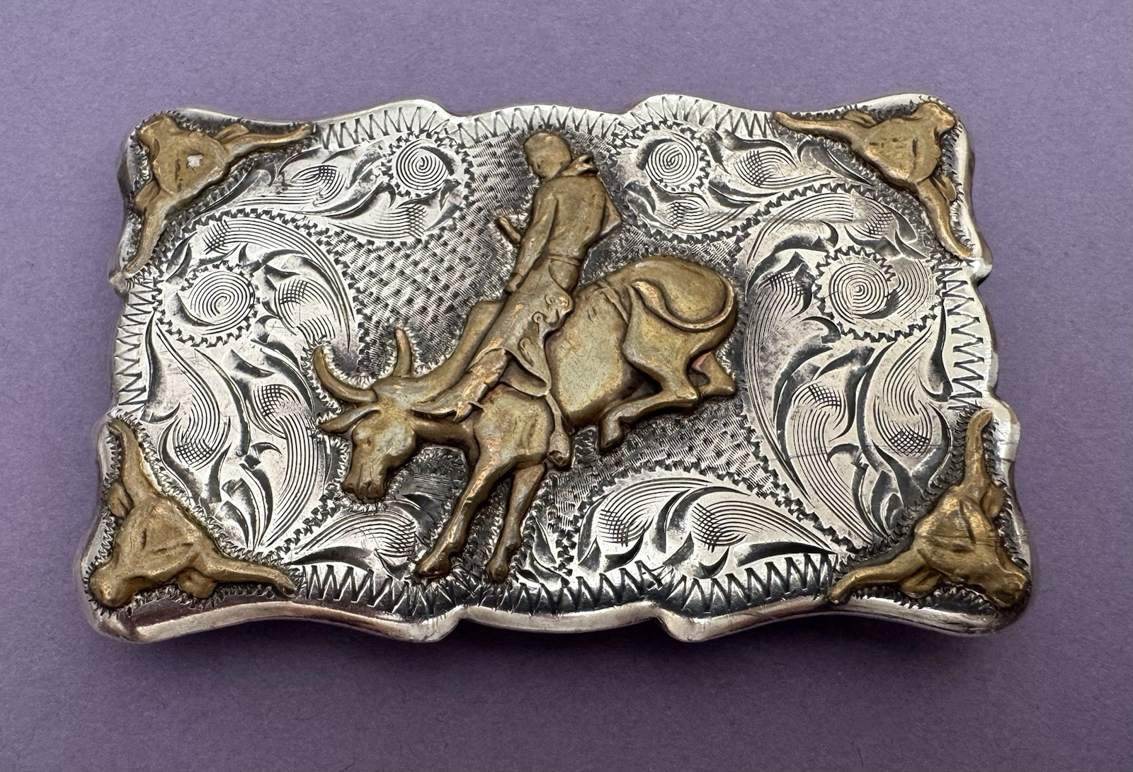 Vintage Mid 20th C Sterling Silver Bullrider Longhorn Steer Frontier Belt Buckle