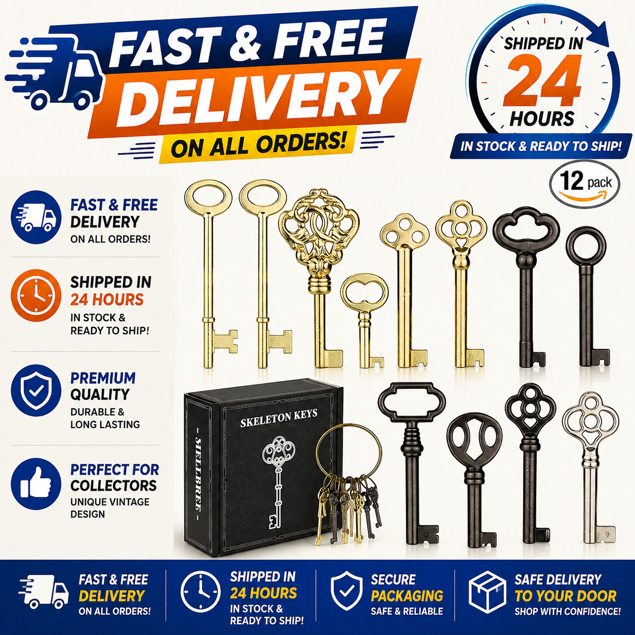 12pcs Skeleton Key Set | Universal Hollow Barrel Keys for Antique Cabinet Door