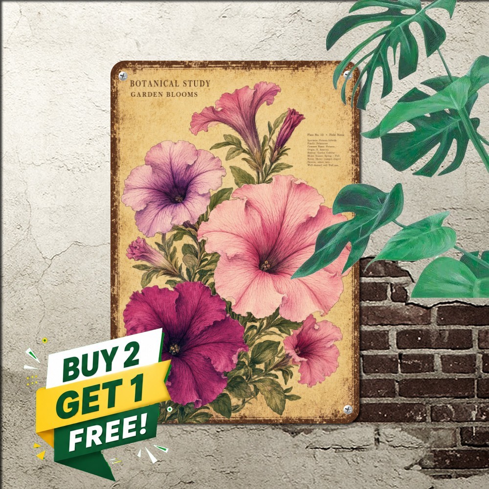 vintage botanical flower illustration pink purple petunia cluster