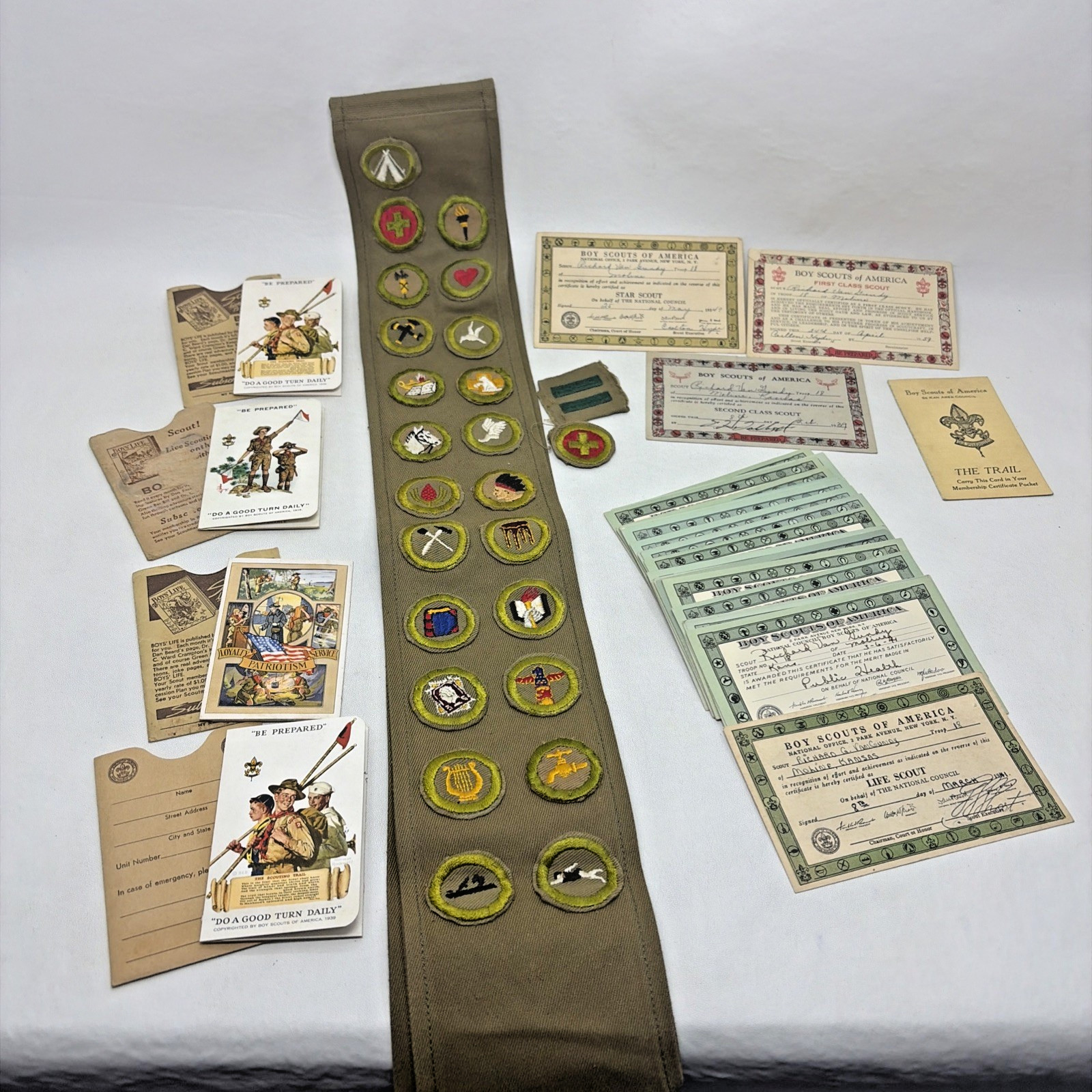 Mixed Lot Of 1940\'s Boy Scout Sash 25 Merit Badges Certificates First Second