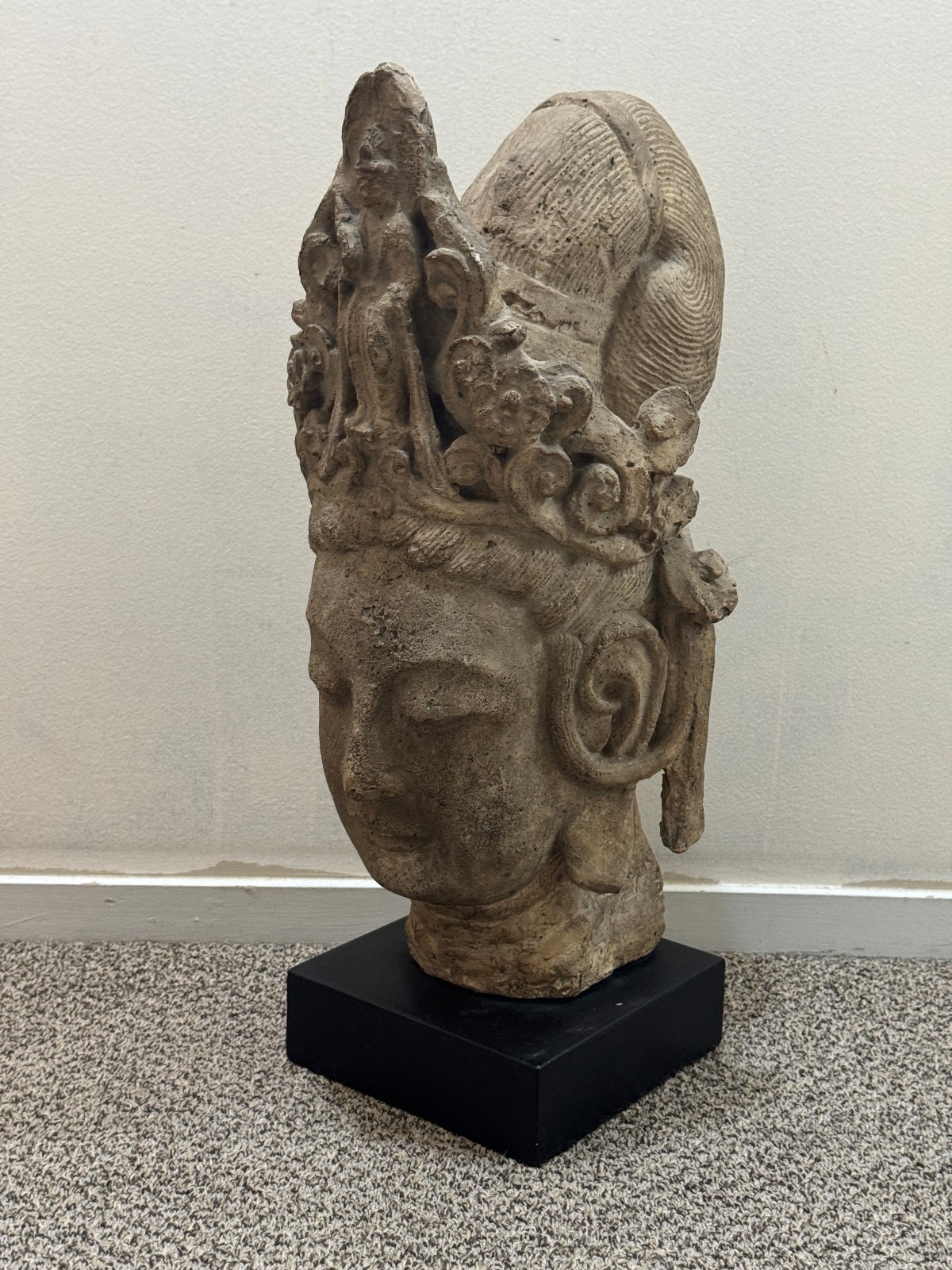 Large Stone Carved Kwan‑Yin Bodhisattva Head, Chinese Decorative Sculpture 21''
