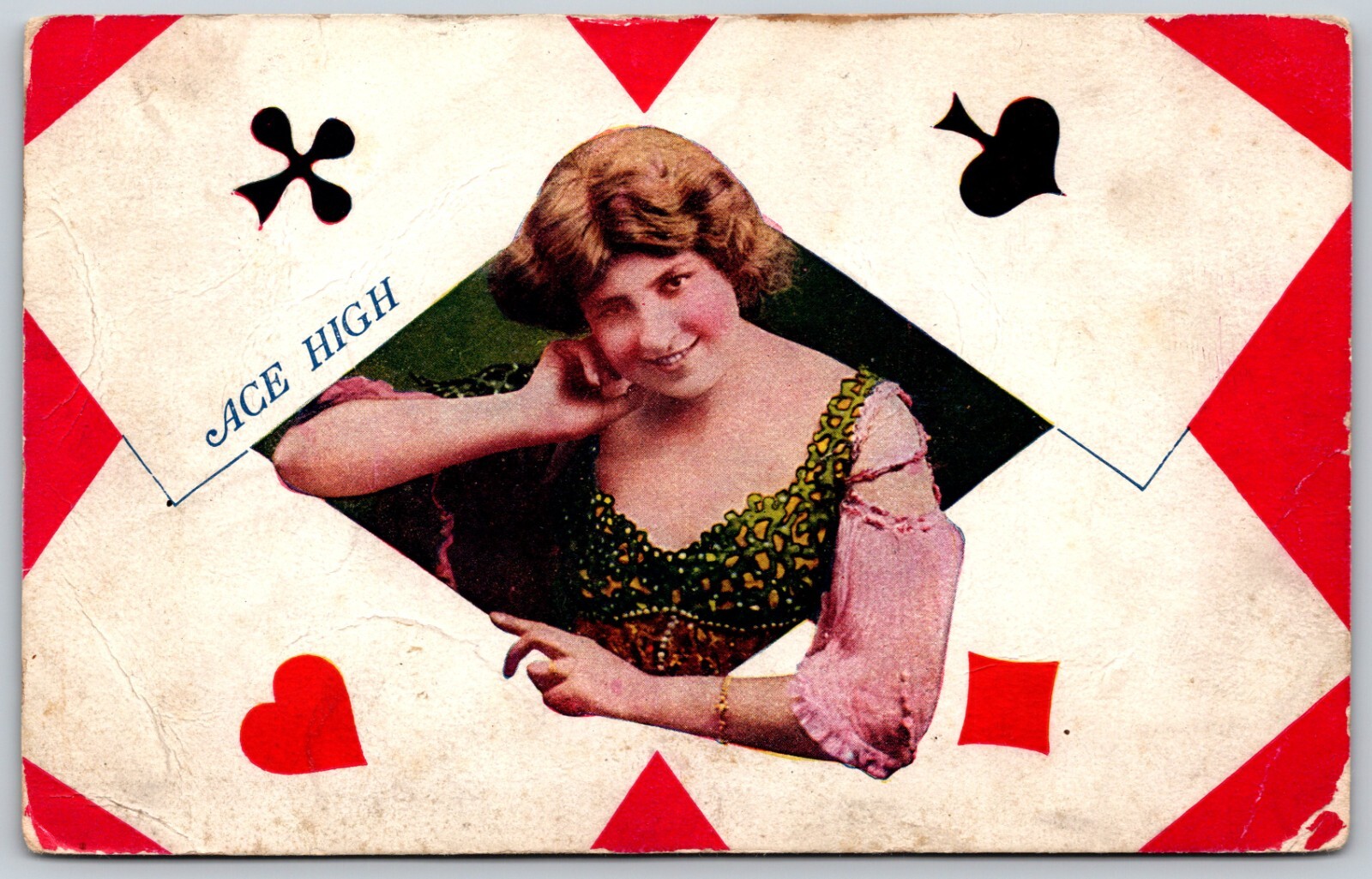 1908 Flirty Woman with Playing Cards Ace High RARE ANTIQUE Postcard