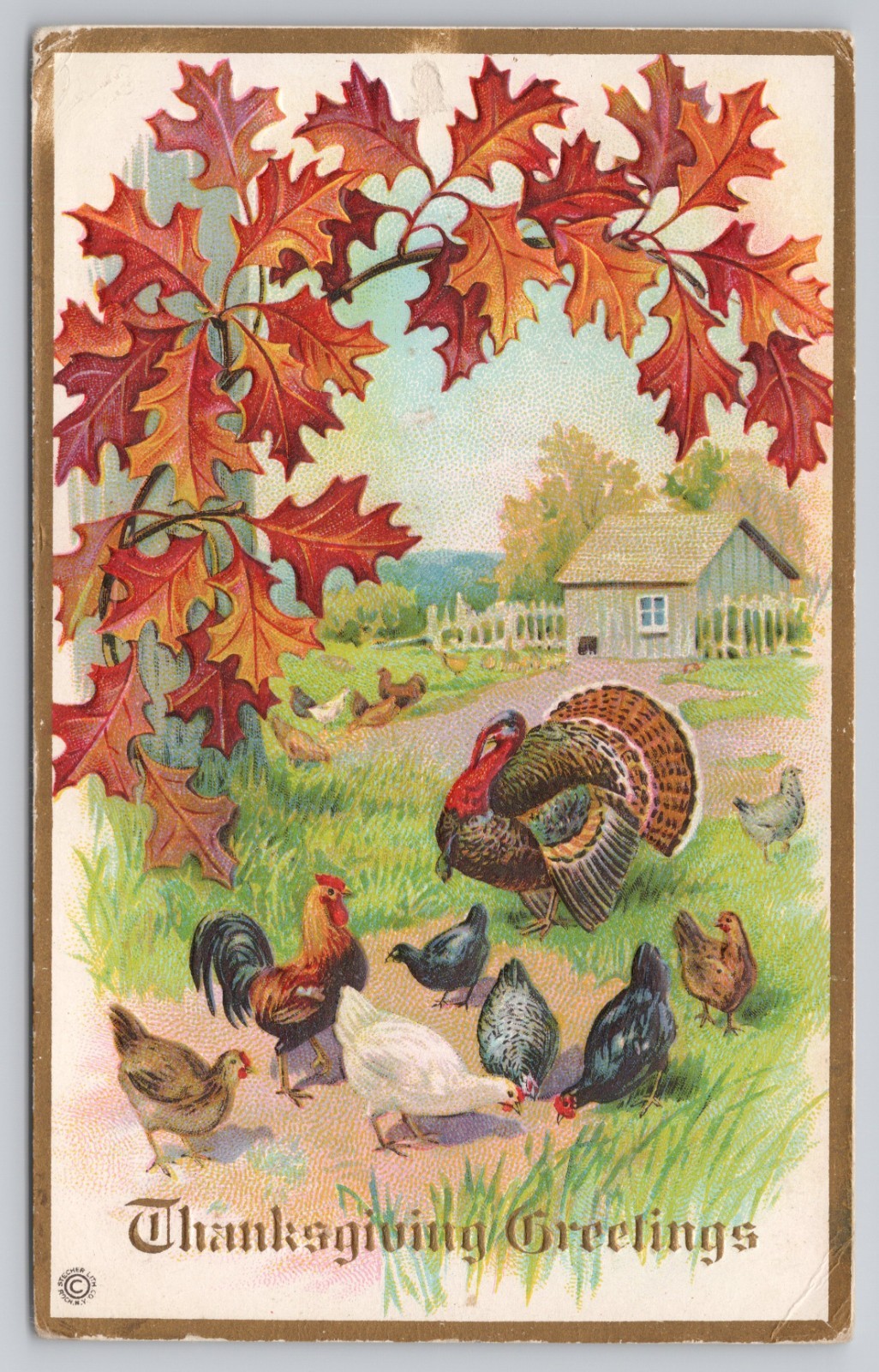 Postcard Thanksgiving Greetings Fall Leaves, Turkey, Chickens & Farmhouse A13984