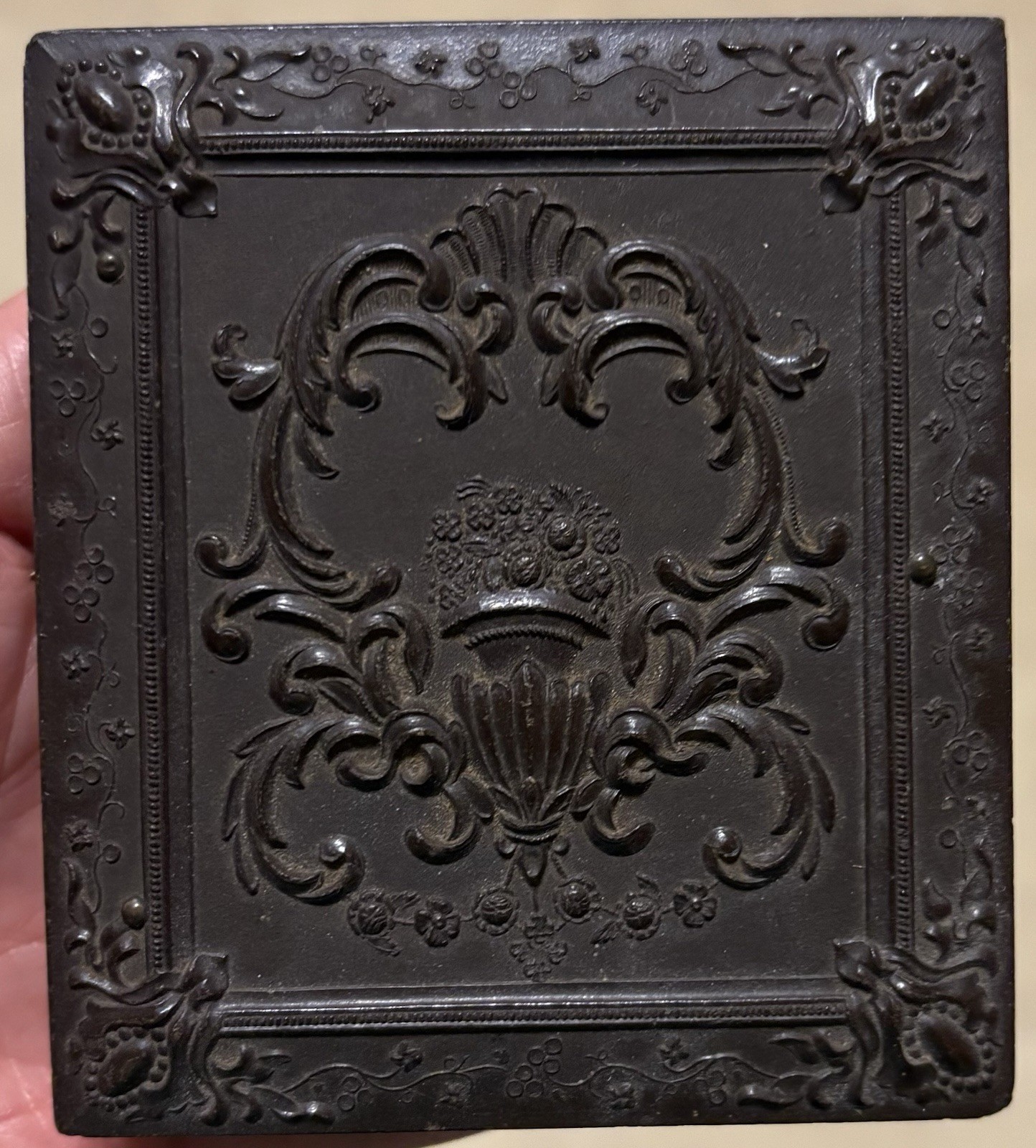 Antique Gutta Percha Case Festoons Urn Floral Tin Type Pink Cheeks Baby Girl