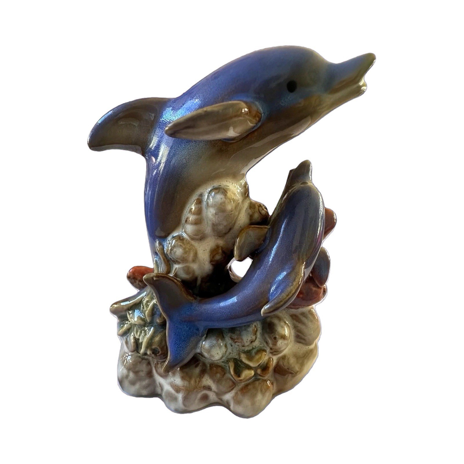 Vintage Ceramic Double Dolphin Coral Reef Figurine - Coastal Ocean Decor