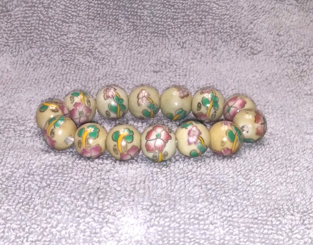 Vintage Chinese Porcelain Bracelet Hand Painted Flowers Beads 1/2 inch Diameter