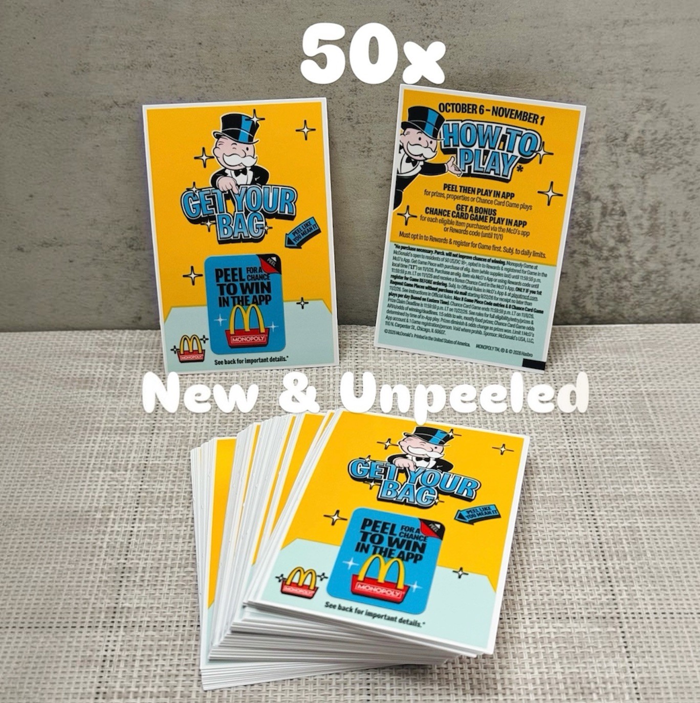 McDonald\'s Monopoly Play-to-Win 50x UnPeeled - 50  NEW Unpeeled 2026 - Genuine