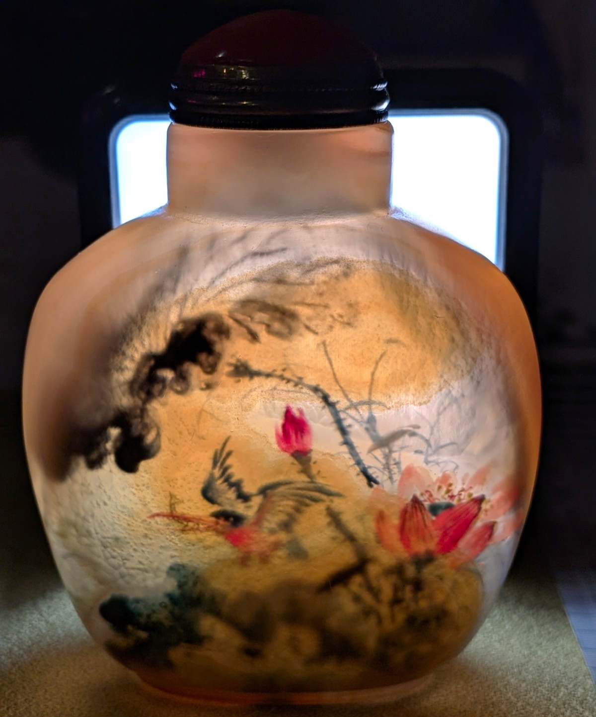 Agate painted Snuff Bottle, Kingfishers & Lotus Flowers, Coral Stopper Late Qing