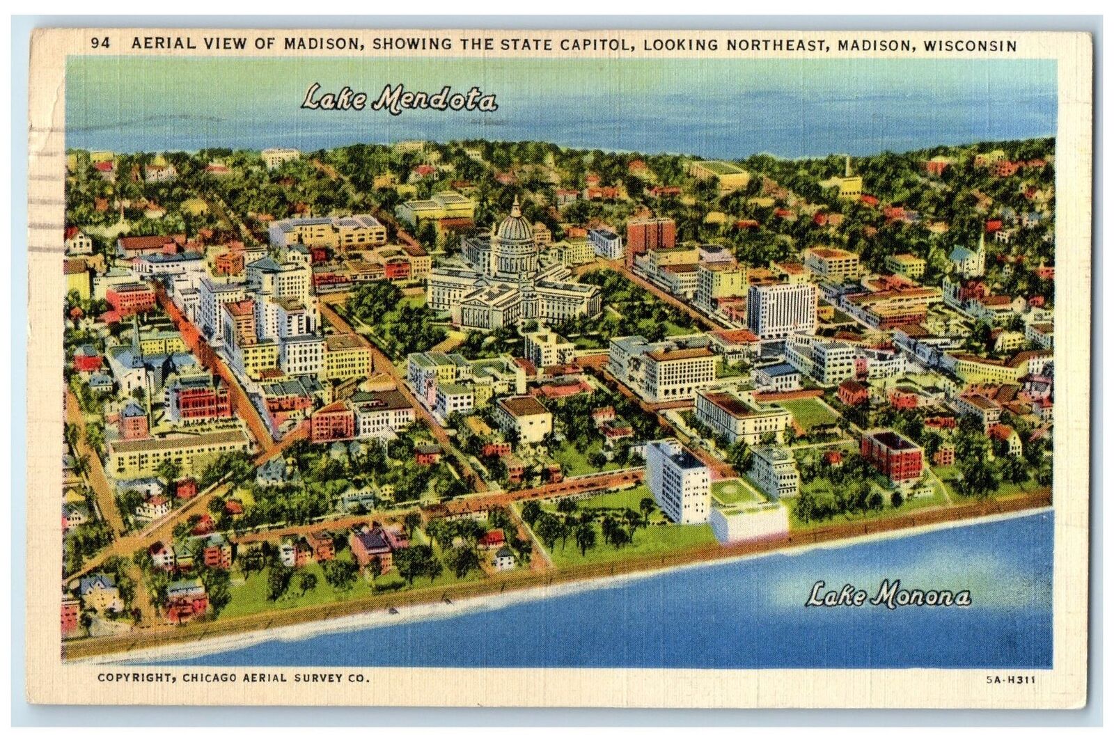 1939 Aerial View Showing State Capitol Madison Wisconsin WI Posted Postcard