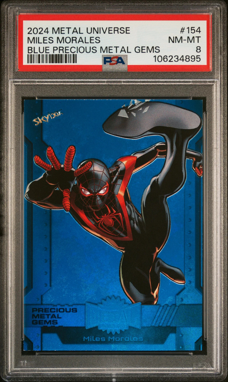 2024 Skybox Metal Universe Avengers Miles Morales Blue PMG /50 #154 PSA 8