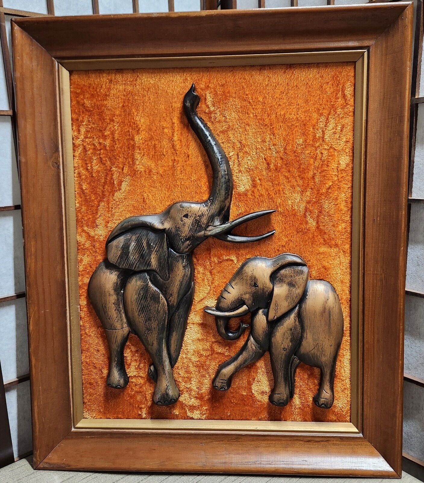 Vintage Unique 3D Brown Elephant Framed Wall Art 1970's