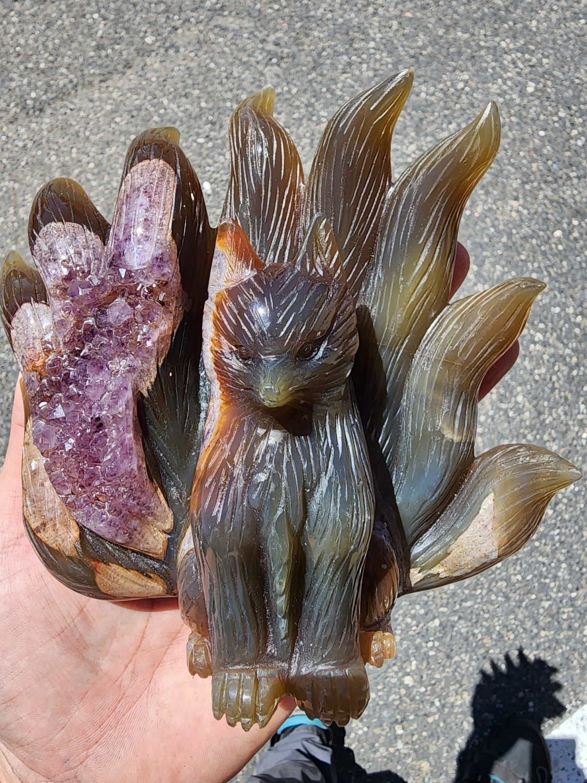 Large Hand Carved 9-Tailed Fox Amethyst Druzy Agate Crystal Sculpture
