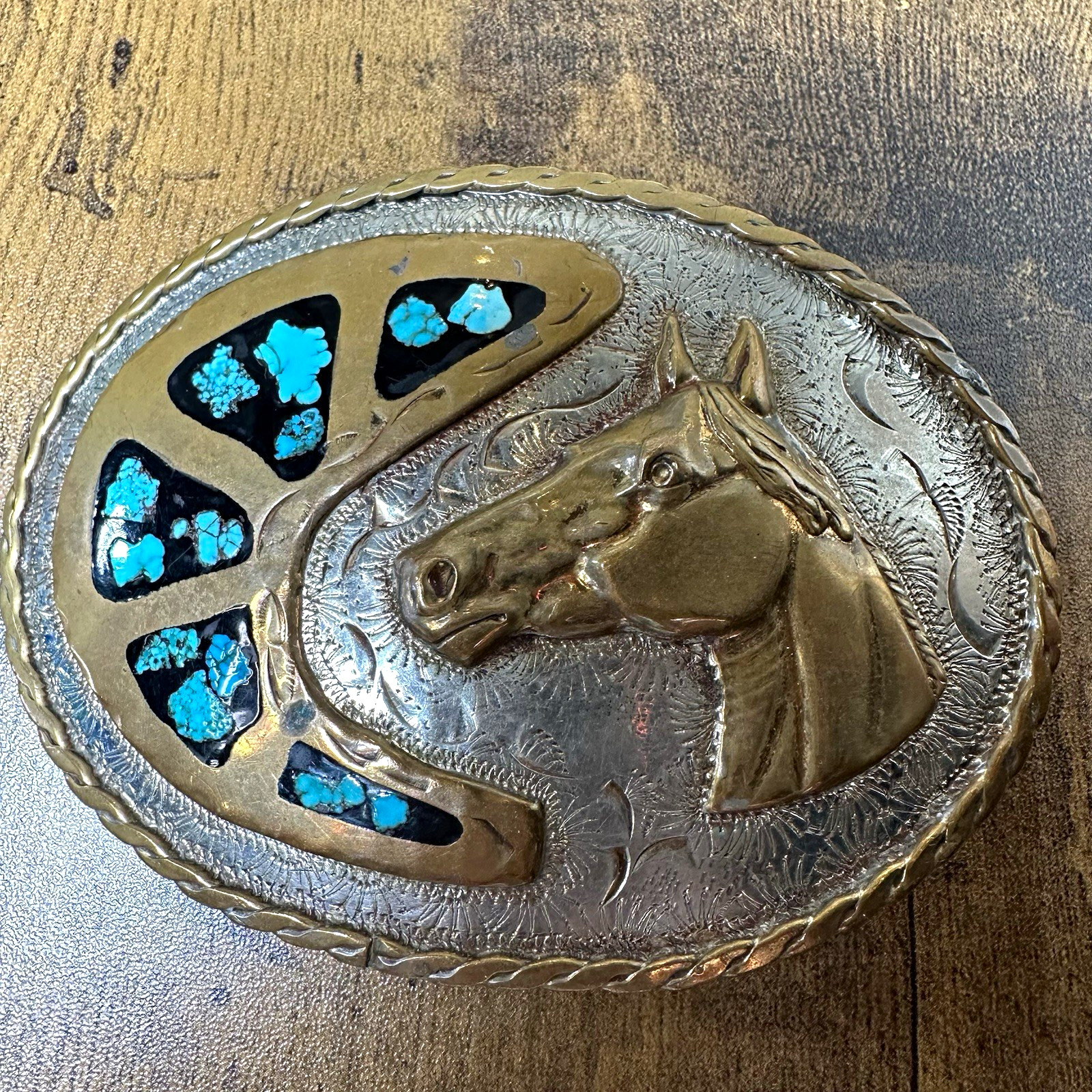 Vintage 70s/80s Crown Silver Horse Belt Buckle Turquoise Inlay Handmade USA