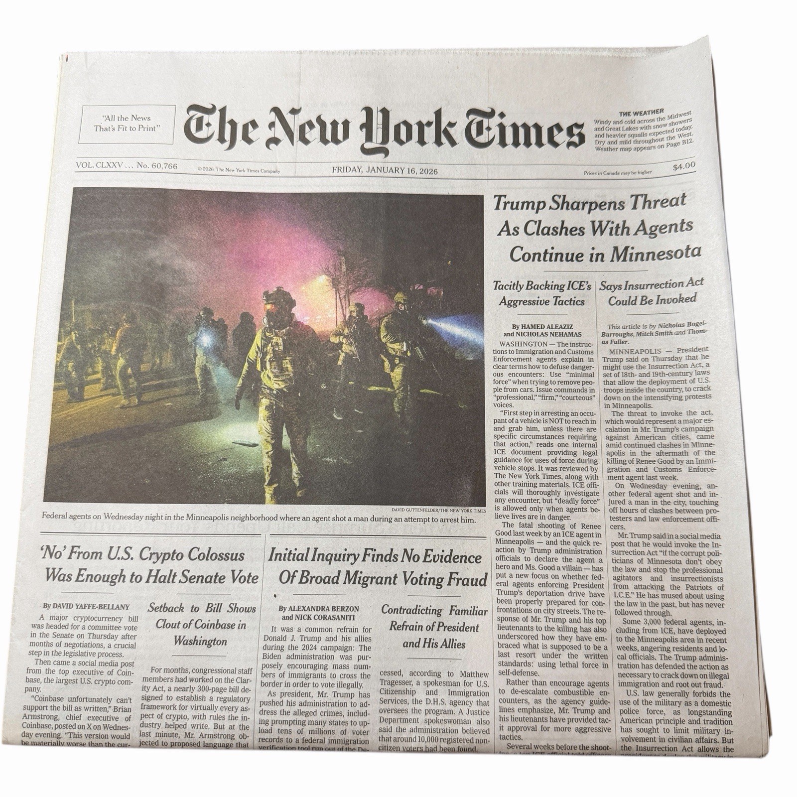 The New York Times Newspaper January 16 2026 Clashes w/Agents Continue Minnesota