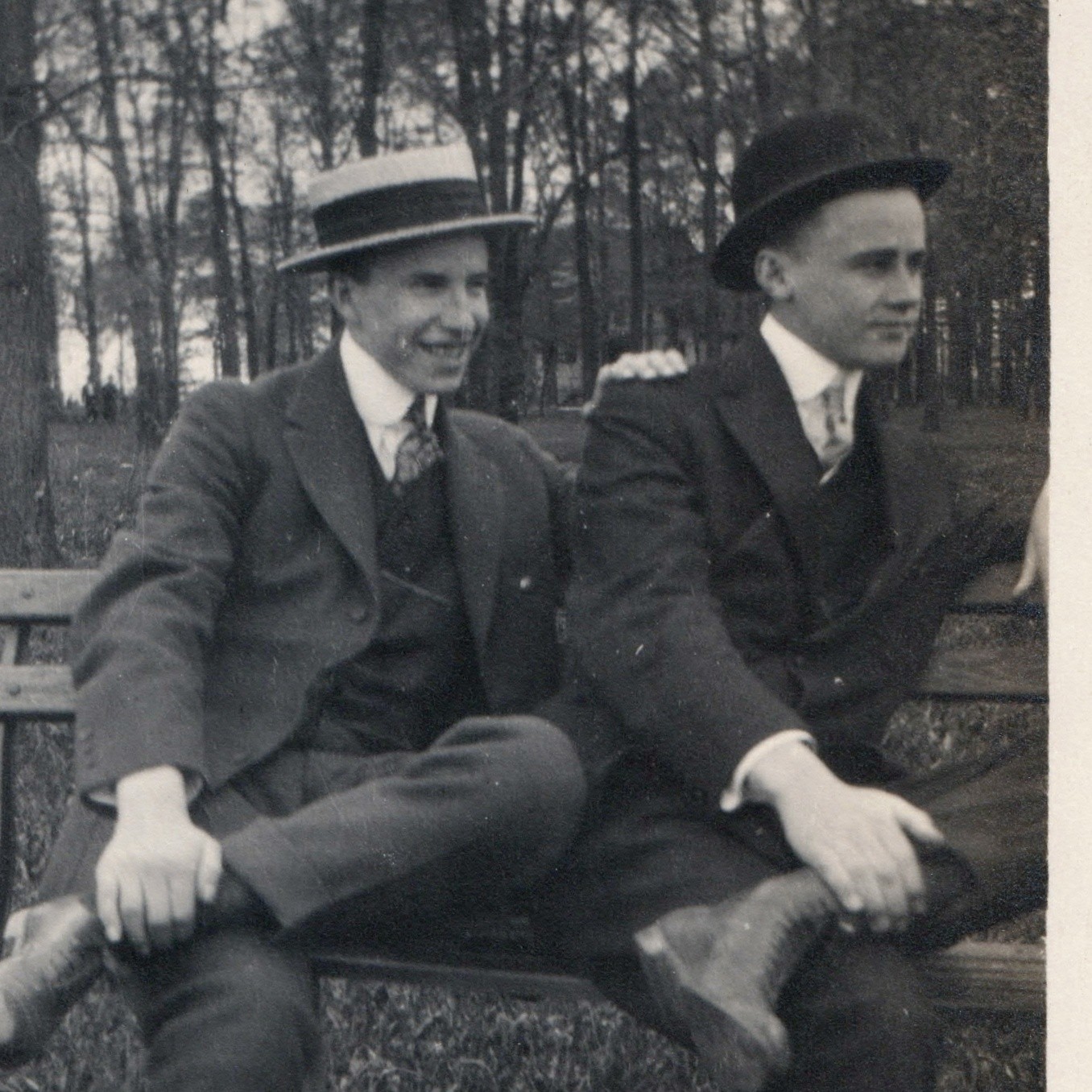 c1910s Young Men Park Bench Straw Boater Bowler Hats Snapshot Photo Three Piece