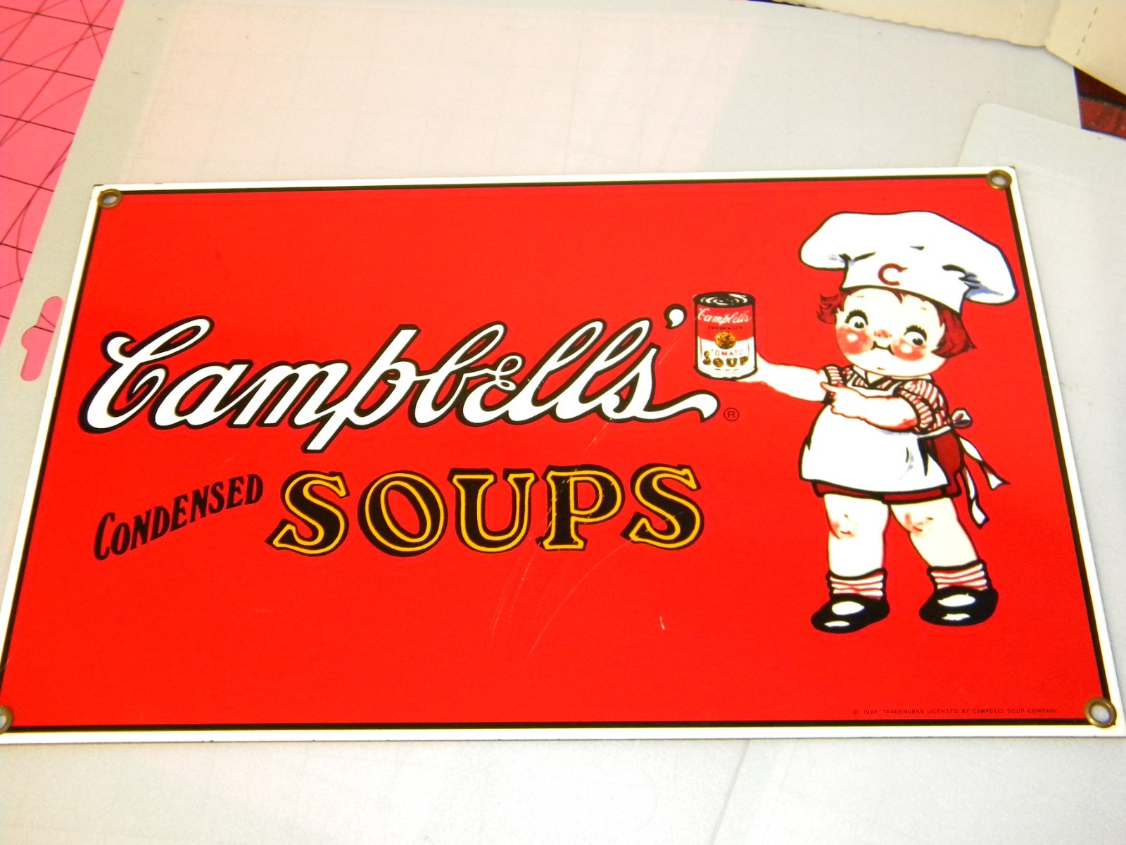 1993 Campbell’s Soup Ande Rooney Porcelain Enamel Sign Campbell Kids 12.5”