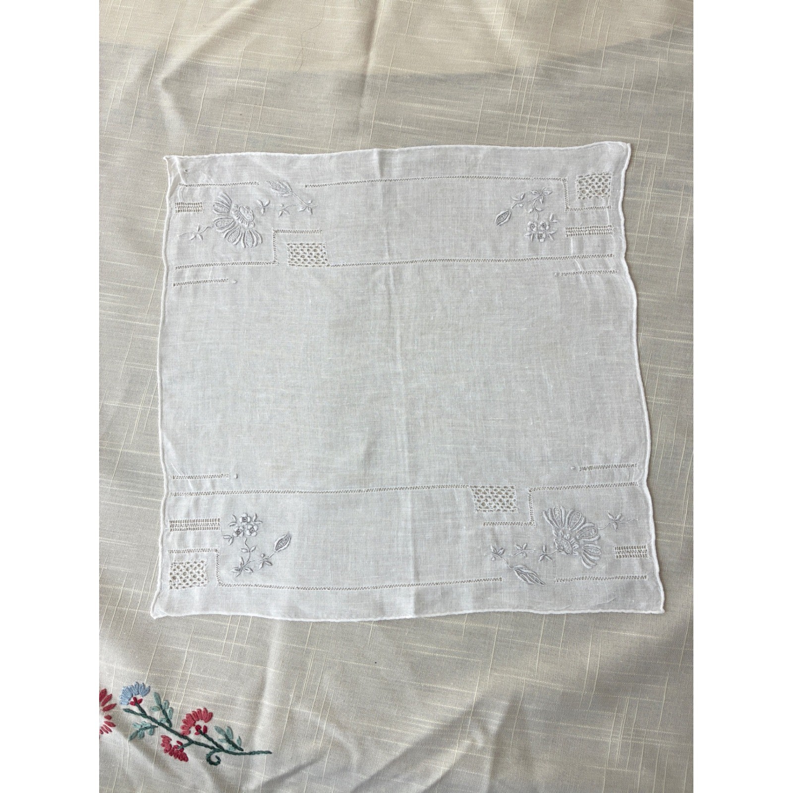 Antique 1920s Linen Handkerchief White Embroidery Floral Wedding Bridal Hanky
