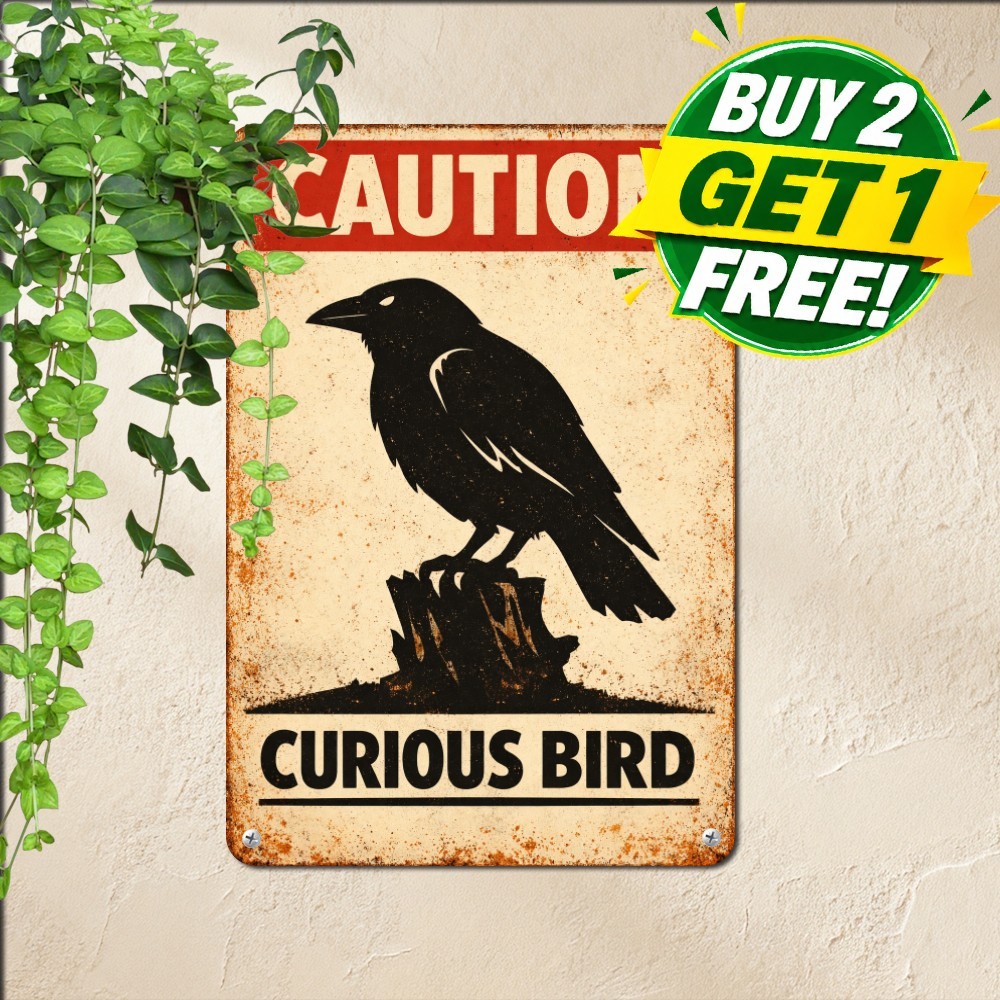 Curious Black Raven Warning Sign Vintage Dark Crow Garden Metal Tin Wall Art
