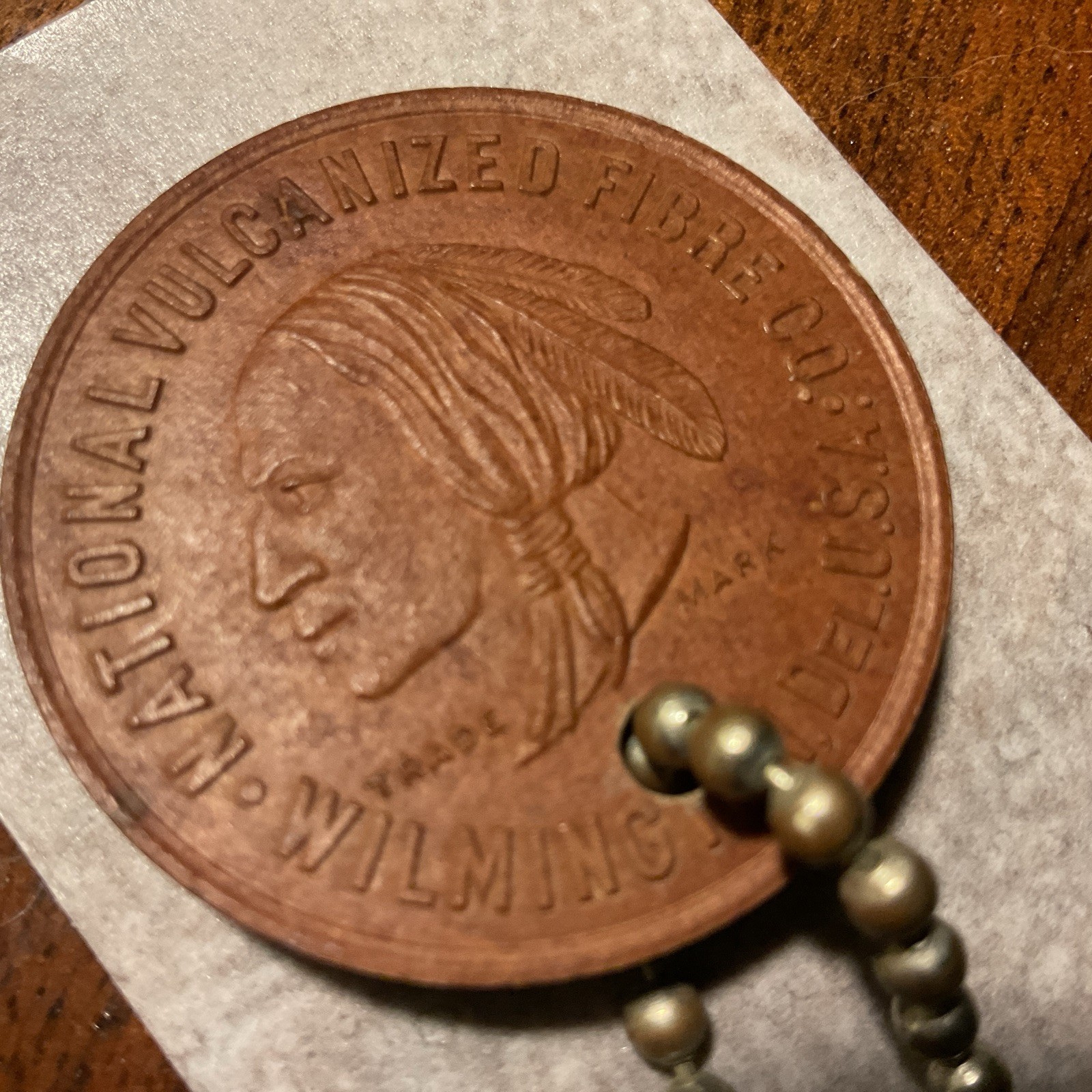 Vintage National Vulcanized Fibre Tag Wilmington Delaware Keychain Fob Token USA