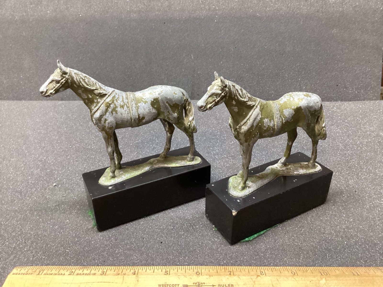 Vintage Cast Metal Horse Bookends on Black Rectangular Base