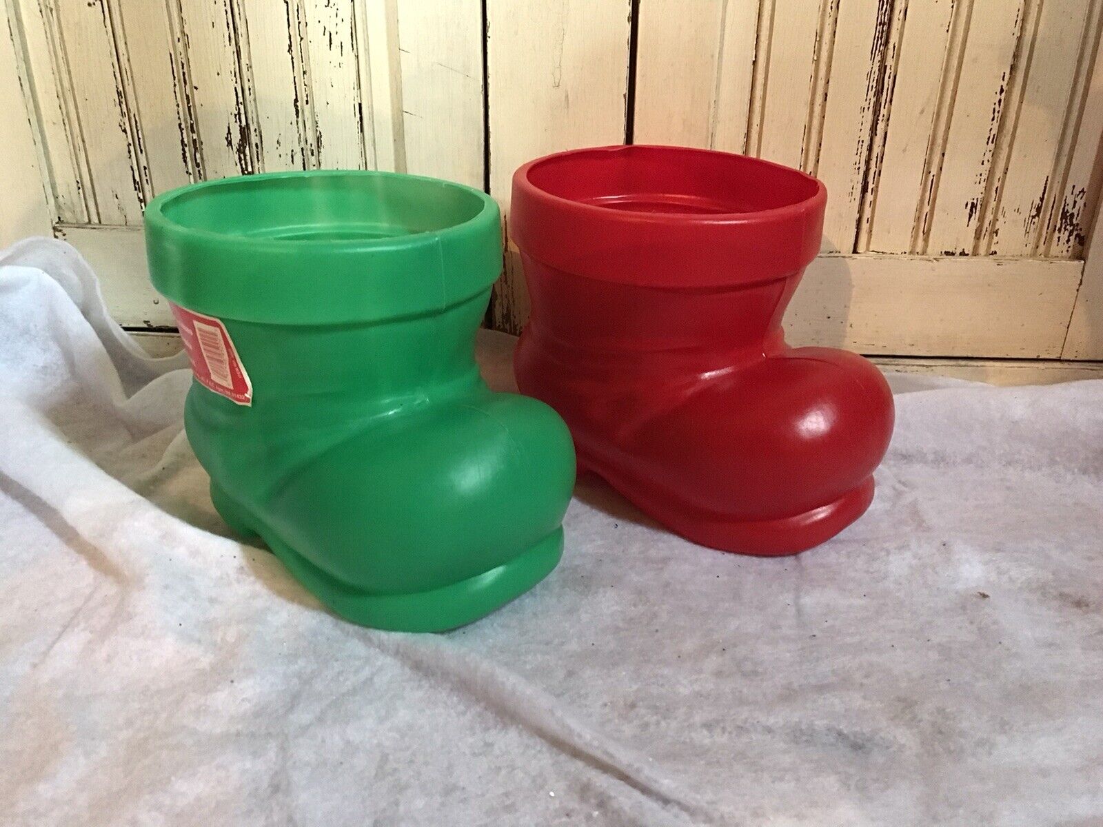 Vintage Christmas Blow Mold Santa Boots by Blinki New Old Stock Pair Green + Red