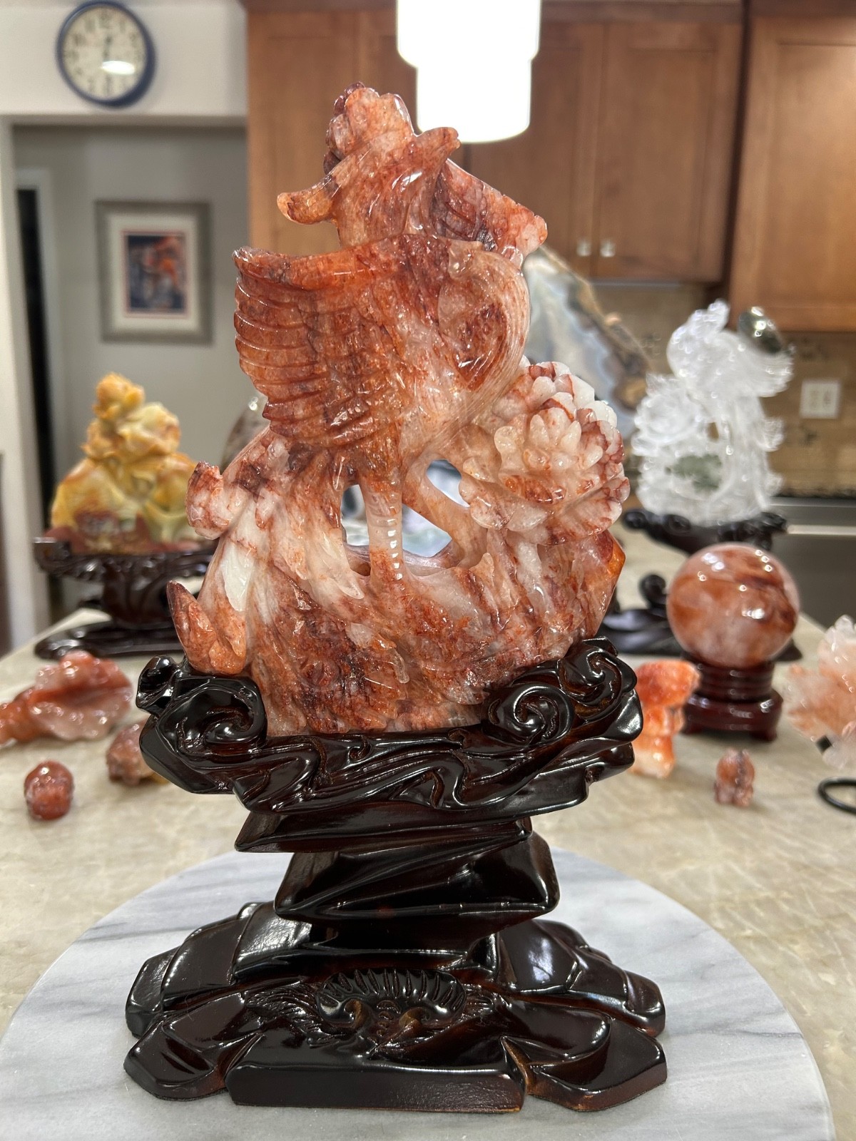 Natural Fire Quartz hand carved Phoenix Bird with custom wood stand