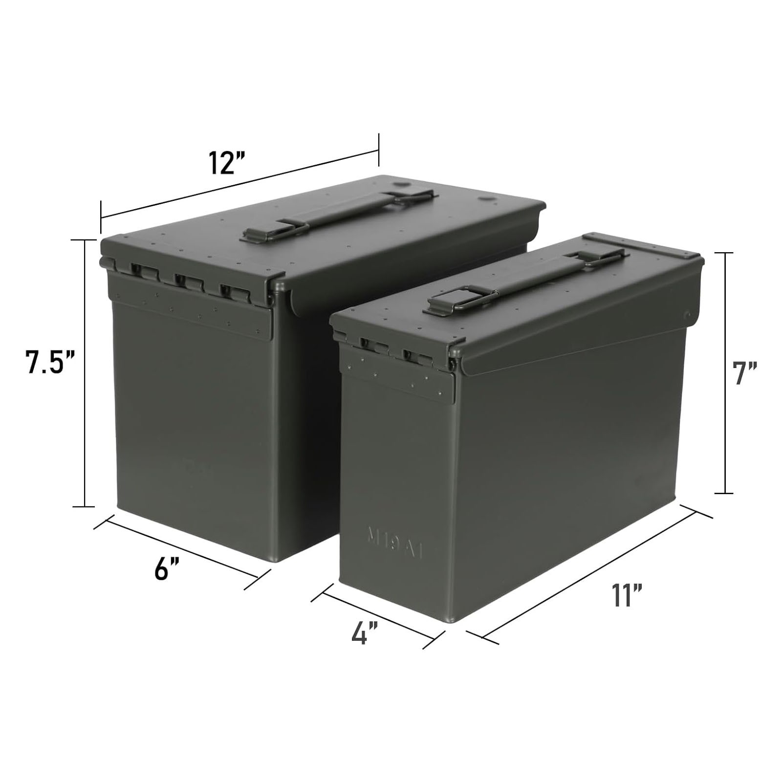 Green Metal Ammo Storage Boxes 2pcs (1) 30 Cal Ammo Cans & (1) 50 Cal Ammo Cans