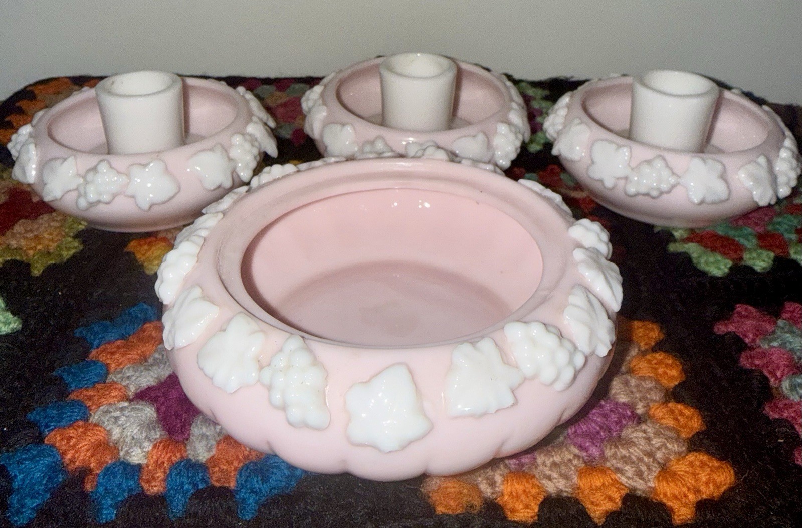 Vintage Ardalt Japan Pink Porcelain Candle Holders Pair Grapes Leaves