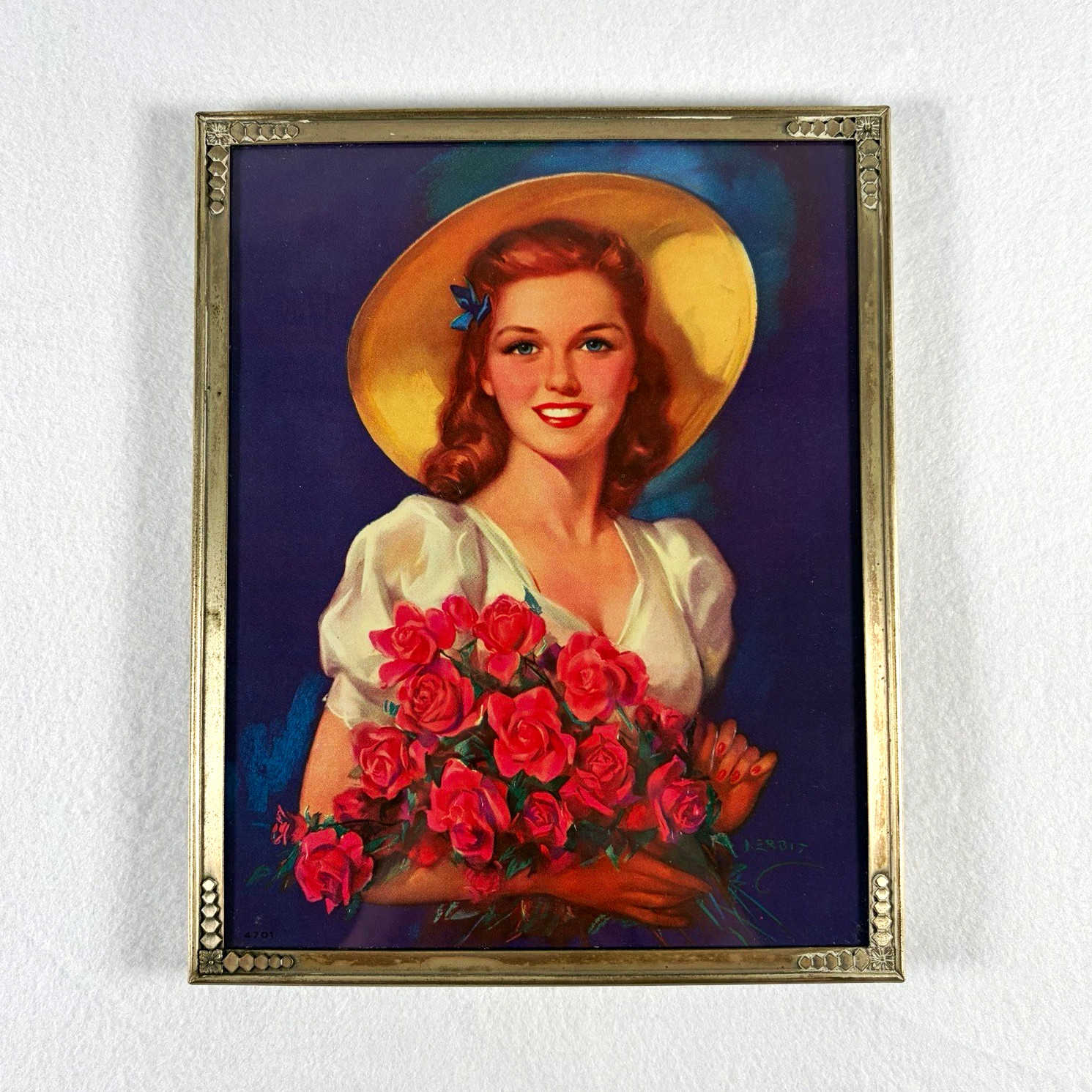 Vintage 1940s Pinup Girl Print Gerbitz Woman with Roses Nadelman Metal Frame Art