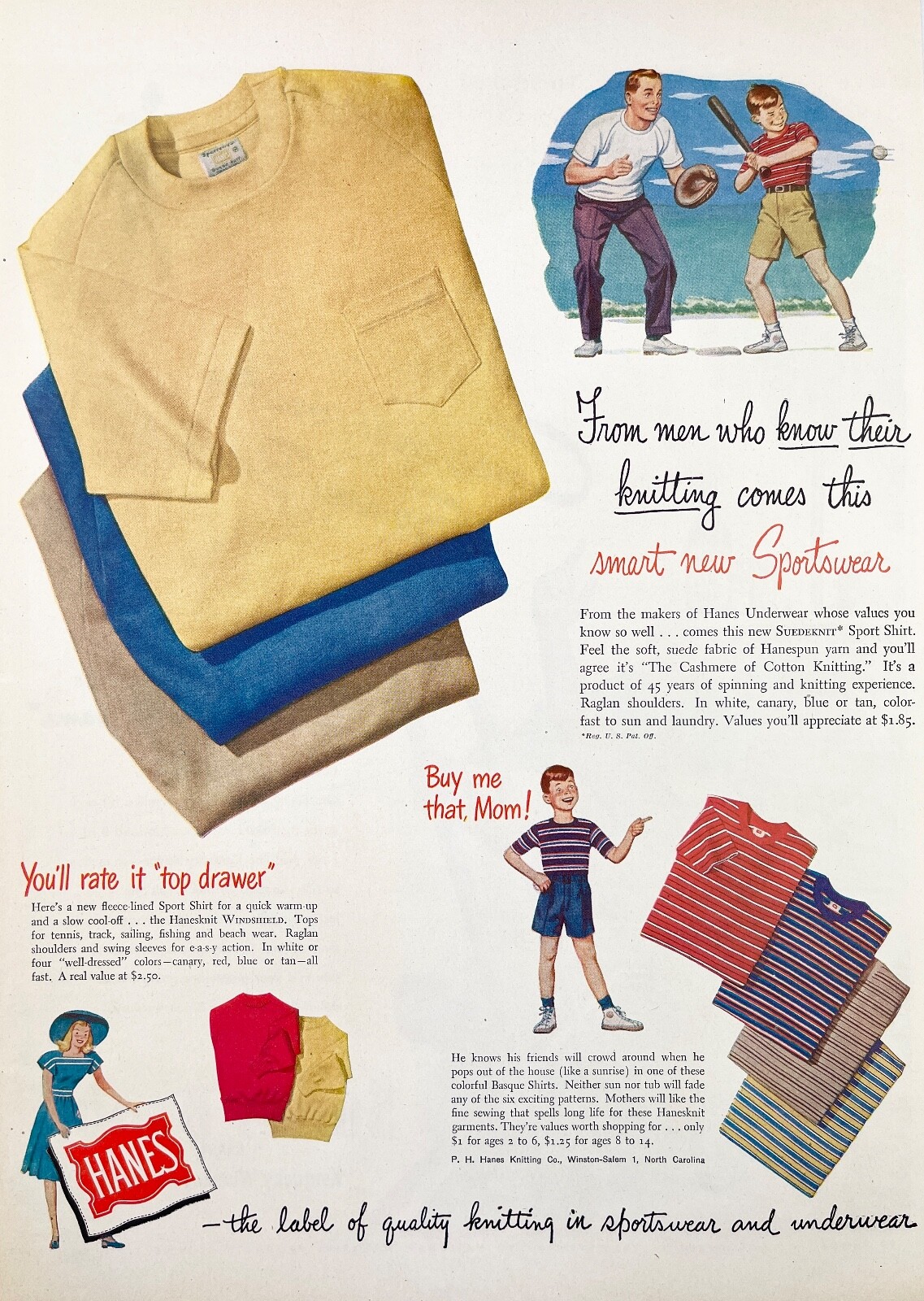 Hanes Suedeknit Sportswear c1940s Original Print Ad Baseball Basque Shirts