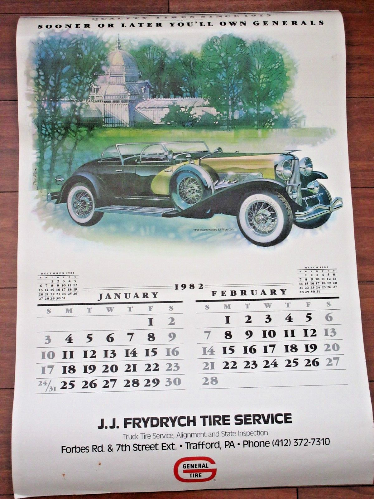 Vintage GENERAL TIRE Classic Car Advertising Oversized  Hanging Calendar 1982